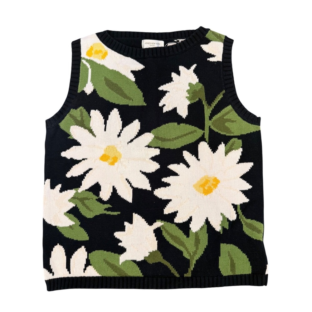 Jones New York Sport Navy Blue Cotton Daisy Floral Sweater Vest Large